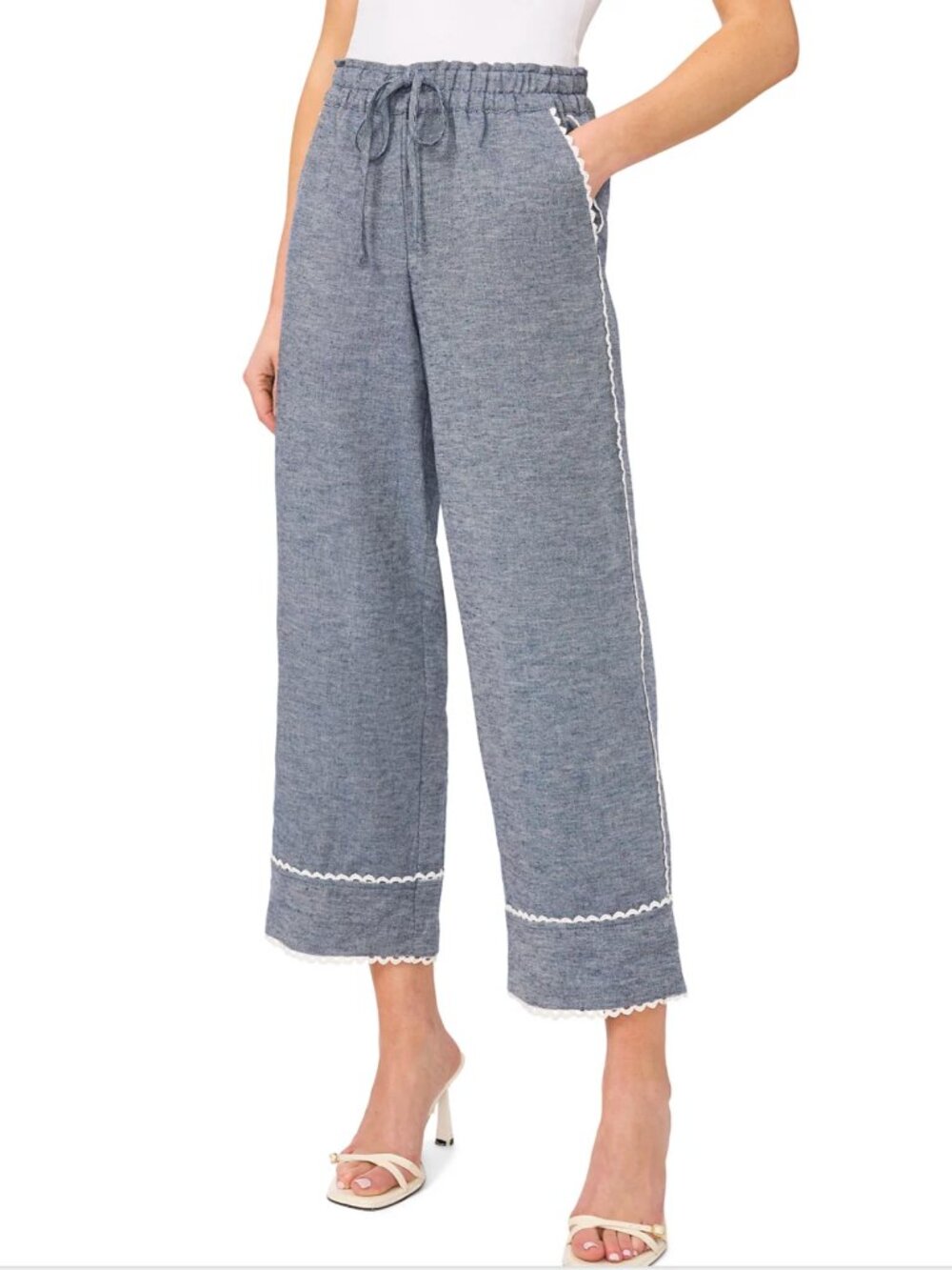CeCe Linen Blend Scalloped Lace Trim Cropped Pants